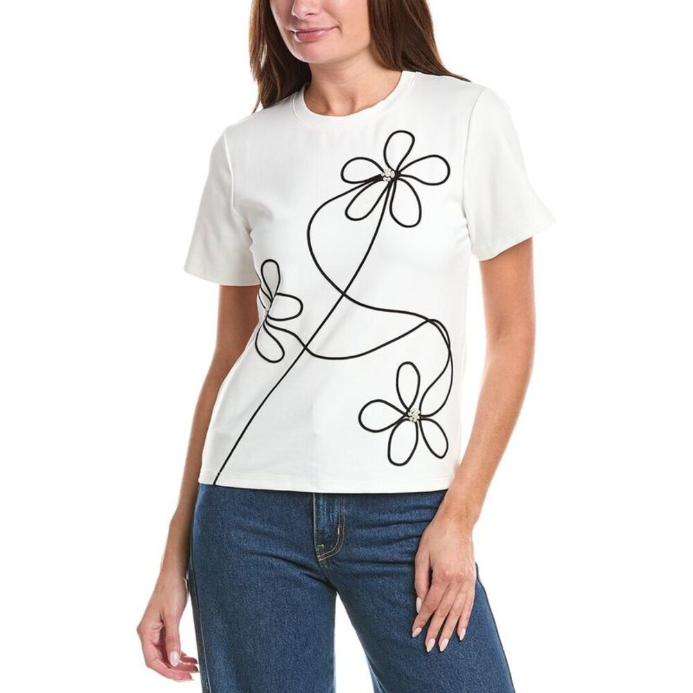 Gracia Womens Floral Embroidered Crew Neck Top